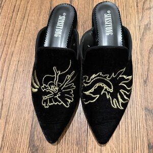 Black and Gold Embroidered Women's Mules or Slippers